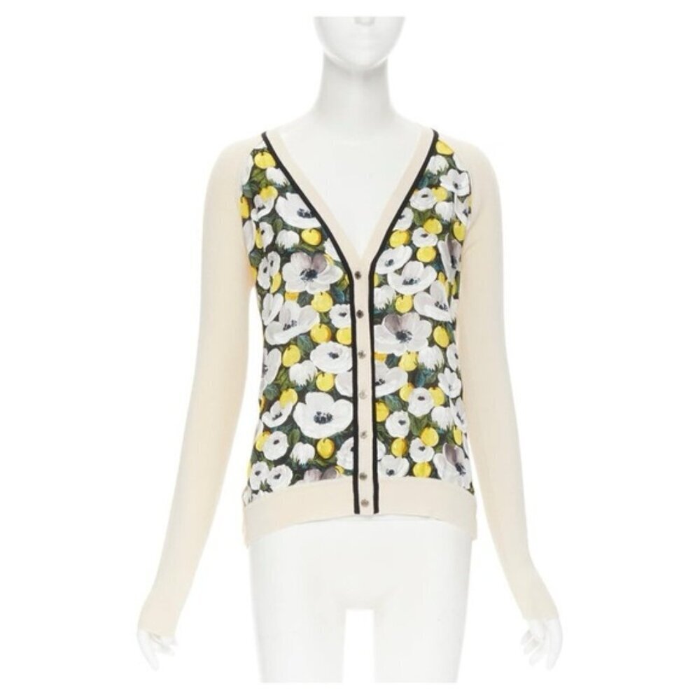 AUTHENTIC LOUIS VUITTON small daisy lemon silk panel beige ribbed wool cardigan